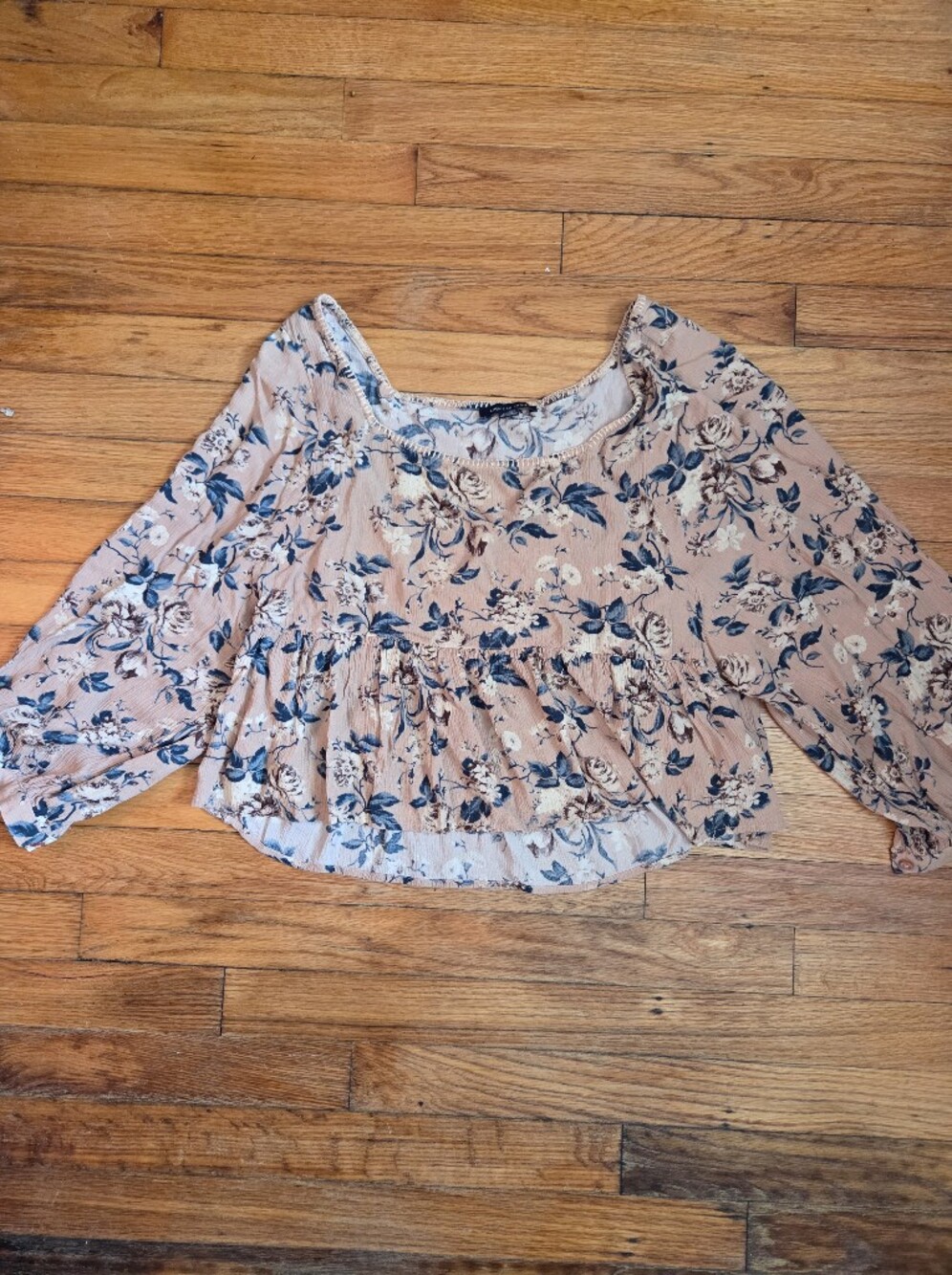 American Eagle Outfitters Pink Floral Peplum Top with Blue Flowers